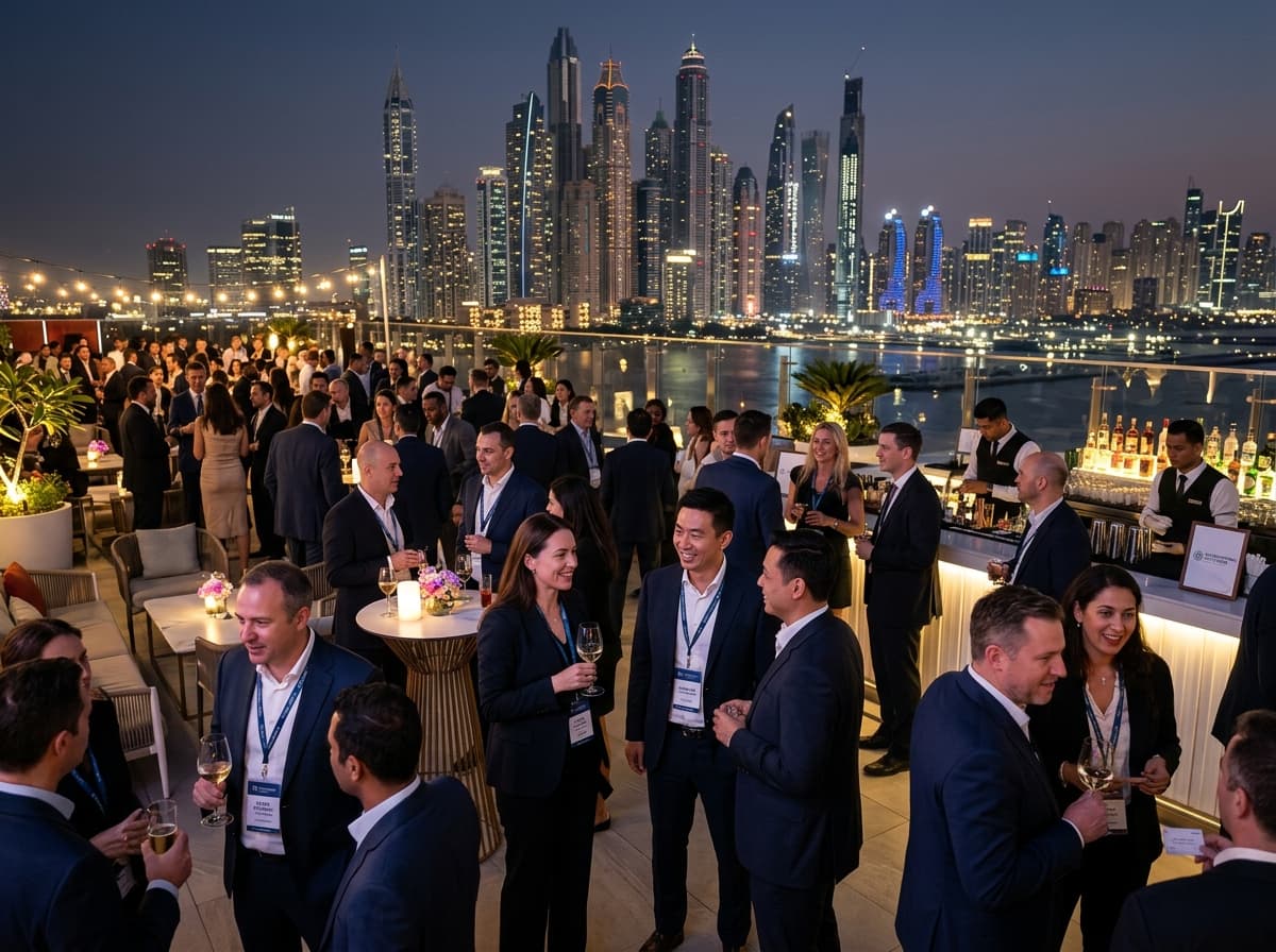 Whiteworth advisors and clients networking at an evening reception in Dubai